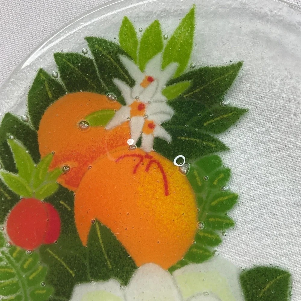 Peggy Karr‎ Signed Fused Glass Plate Oranges Magnolia Blossoms Citrus Art Glass